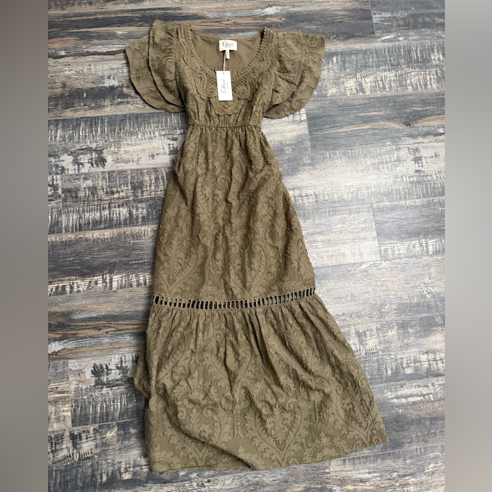 Bohemian Olive Lace Maxi Dress with Flutter Sleeves